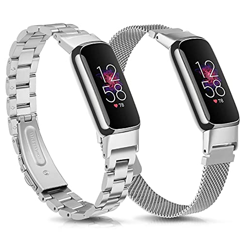 KOREDA Compatible with Fitbit Luxe Bands Sets, 2 Pack Stainless Steel Metal Band + Mesh Woven Strap Replacement Bracelet Wristband for Fitbit Luxe Fitness and Wellness Tracker (Silver)