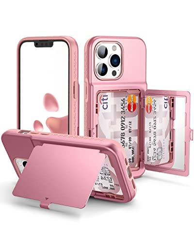 WeLoveCase for iPhone 13 Pro Wallet Case for Women with Credit Card Holder & Hidden Mirror, Two Layer Shockproof Heavy Duty Protection Cover Protective Case for iPhone 13 Pro – 6.1 Inch Rose Gold