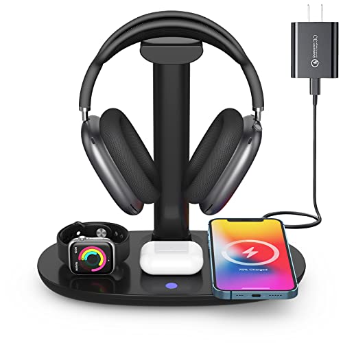 Headphone Stand with 15w Wireless Charger, Suguder 4 in 1 Qi Charging Station Headset Holder for AirPods Max/Pro/2 iWatch 8/7/6/5/4/3/2/1/SE iPhone 14/13/12/11/XS/XR/X/8 Series for Desktop Table Game