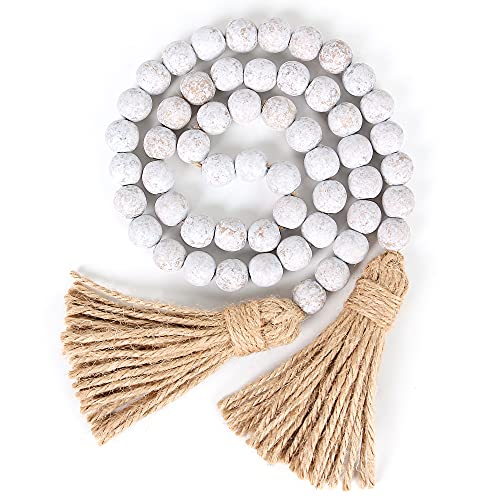 Wood Bead Garland Farmhouse Beads with Tassels,Farmhouse Tassel Garland Country Wall Hanging Decor Prayer Beads(39 inches)