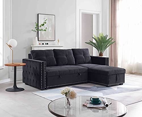 Tulib 91″ Reversible Sectional Sleeper Sofa with Storage Chaise, L-Shape Corner Couch with Pulled Out Bed, Nailheaded Design, for Living Room (Black)