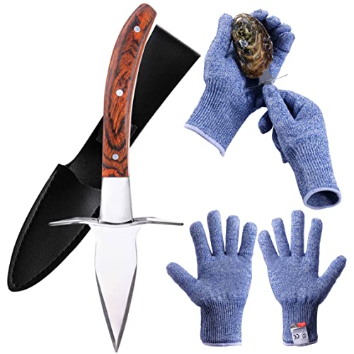 Oyster Shucking Knife and Gloves Set, Oyster Opener Tool Kit with 1 Pair of Cut Resistant Level 5 Protection Gloves, and Clam Oyster Knife Shucker with Safety Hand Guard, Seafood Tools Gift Set