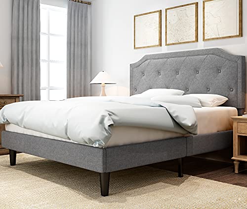 IMUsee Full Bed Frame with Button Tufted Headboard, Upholstered Platform Frame with Sturdy Wood Slat Support,Box Spring Not Needed, Easy Assembly, Light Grey