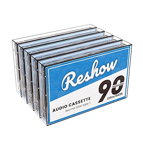 Reshow Audio Cassettes Low Noise High Output 90 min Time Blank Cassettes Tapes with Individual Clear Plastic Cassette Tape Case, Great for Everyday Recording (Pack of 5)
