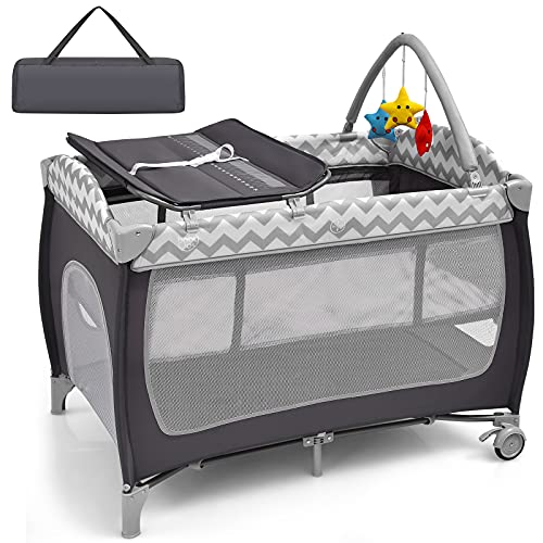 BABY JOY 4 in 1 Pack and Play, Portable Baby Playard with Bassinet, Side Zipper Door, Changing Table, Indoor Outdoor Travel Nursery Center w/Toy Bar, Lockable Wheels, Carry Bag