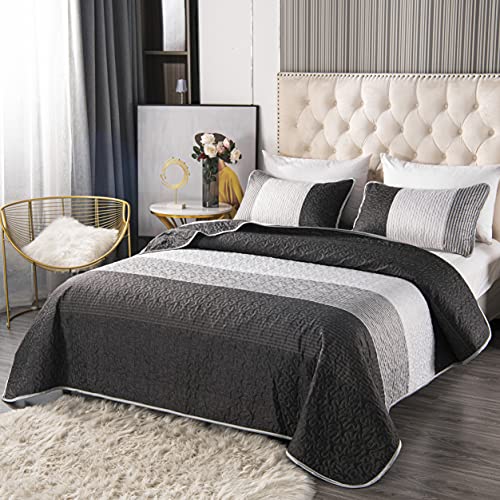 PERFEMET Gray Striped Patchwork Quilted Bedspread Set Black and White Reversible Bedroom Decorations for Boys,Soft Queen Size Bedspread/Coverlet,1 Bedspread + 2 Pillow Cases(Grey,Queen)