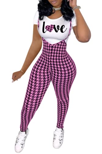 ksotutm Two Piece Outfits for Women Sexy Letter Print Top and Long Pants Set Houndstooth Jumpsuits Womens Tracksuit Sweatsuits Overalls Set