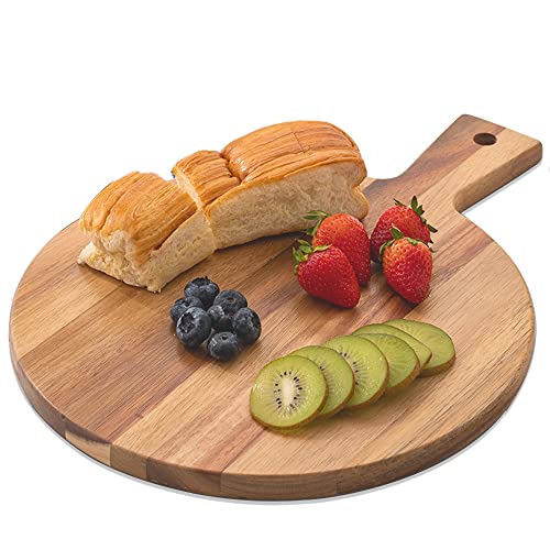 Round Acacia Wood Board Cutting Board with Handle, Wood Serving Board Round Cheese Board Charcuterie Board Cheese Paddle Board