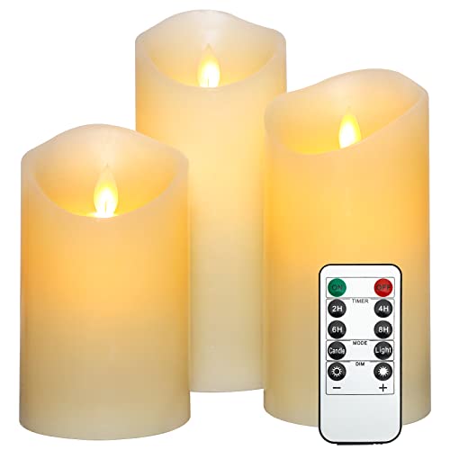 GORGE MOMENT Flameless Candles, Set of 3 Battery Powered LED Pillar Candles, Realistic Moving Flame with Blue & White Light, Flickering Electric Candles for Thanksgiving, Fall Home Holiday Décor