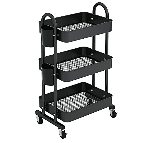LEGUANG 3-Tier Rolling Utility Cart Storage Shelves Multifunction Storage Trolley Service Cart with Mesh Basket Handles and Wheels Easy Assembly for Bathroom, Kitchen, Office (Black)