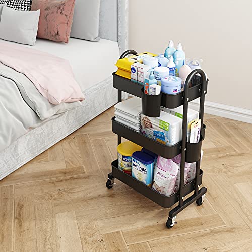 LEGUANG 3-Tier Rolling Utility Cart Storage Shelves Multifunction Storage Trolley Service Cart with Mesh Basket Handles and Wheels Easy Assembly for Bathroom, Kitchen, Office (Black) | The Storepaperoomates Retail Market - Fast Affordable Shopping