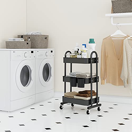 LEGUANG 3-Tier Rolling Utility Cart Storage Shelves Multifunction Storage Trolley Service Cart with Mesh Basket Handles and Wheels Easy Assembly for Bathroom, Kitchen, Office (Black) | The Storepaperoomates Retail Market - Fast Affordable Shopping