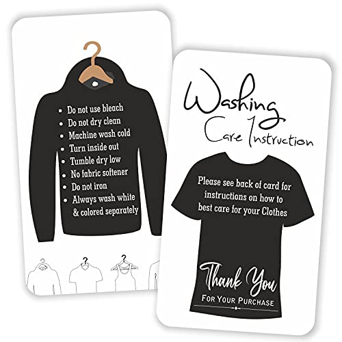 Washing Care Instructions Cards – (Pack of 100) 3.5″ x 2″ Package Insert for T-Shirt Shirt Cleaning Customer Directions – Black