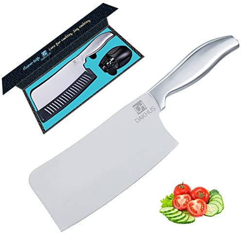 Dakhus Meat Cleaver | Kitchen Knife for Cutting, Stainless Steel Chopping, Slicing, Dicing Comfortable Handle Sharp Butcher Knife + Sheath + Sharpener, 3×12 inches Cleaver Knife