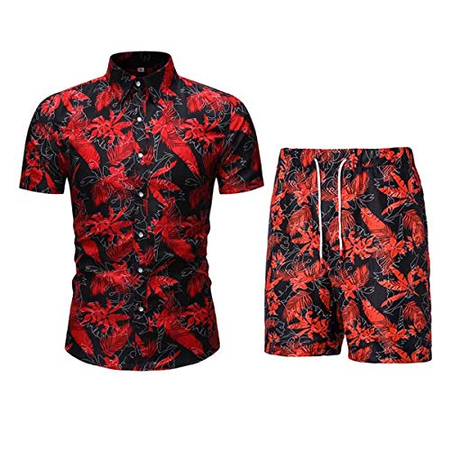 Men’s Casual Floral Hawaiian Short Sleeve Shirts 2 Piece Tracksuits Beach Shorts (Small, TZ03Red)