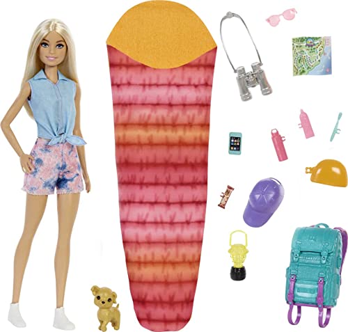 Barbie It Takes Two “Malibu” Camping Doll (11.5 in Blonde) with Pet Puppy, Backpack, Sleeping Bag & 10 Camping Accessories, Gift for 3 to 7 Year Olds