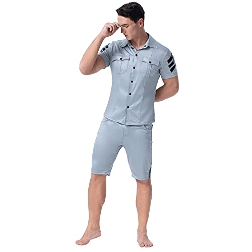 GRFSD Men Shiny Patent Leather T-Shirt Shorts Outfits Faux Leather Button Closure Tops Half Pants 2 Piece Set (Color : Blue, Size : 175 cm)