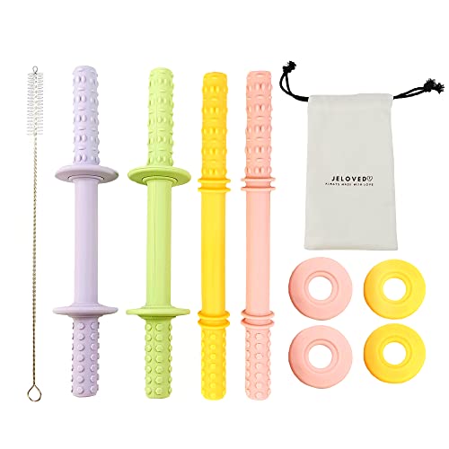 Jeloved Hollow Teether Tubes 4 Pack, Soft Silicone Baby Teething Toys for Baby with Safety Shield, Chew Straws Toy for Babies, Teether Tubes for Infants, BPA Free/Freezable/Dishwasher Safe