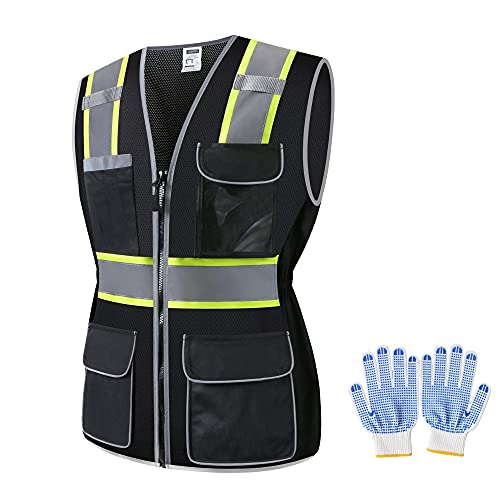 JKWEARSA Women Safety Vest, Multi Pockets High Visibility Reflective Breathable Mesh Work Vest For Lady, Durable Zipper,Small, Black-01