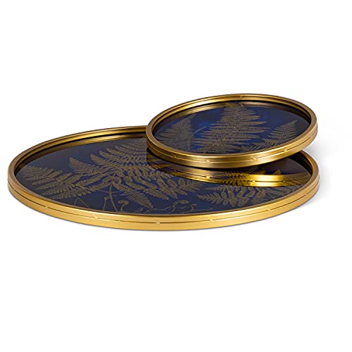 Set of Two Assorted Blue and Gold Glass Trays with Fern Accents