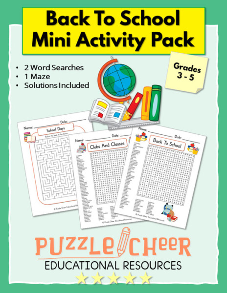 Back To School Mini Activity Pack | 2 Giant Word Searches & Maze for Grades 3-5