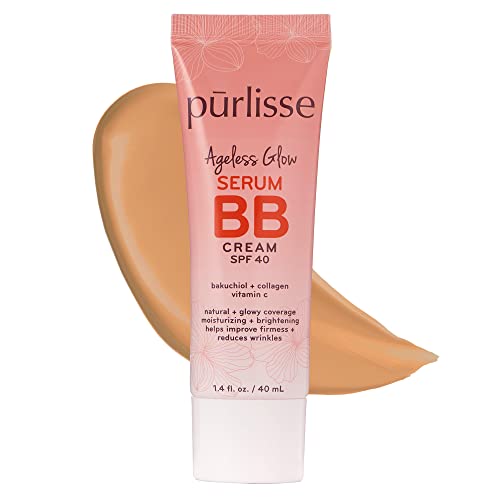 purlisse Ageless Glow Serum BB Cream SPF 40 : Clean & Cruelty-Free, Full & Flawless Coverage, Hydrates with Collagen | Medium Golden 1.4oz