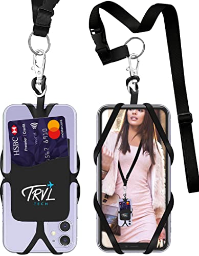 TRVLtech Phone Lanyard | Universal Cell Phone Lanyard Case for Around The Neck with ID and Credit Card Pocket Holder | Perfect for iPhone and Smart Phones | Fits and Holds 4″ to 6.5″ Phones – Black