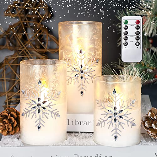 Immeiscent Christmas Flameless Candles, Jeweled Snowflake Iced Glass Candle, LED Flickering Pillar Candle with Timer&Remote for Xmas,Home Decor,Holiday,Set of 3 (D 3” X H 4” 5” 6”)