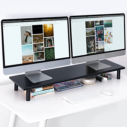 Dual Monitor Stand Riser, ROCDEER Bamboo Desk Monitor Riser for 2 Monitors, Supports for PC Computer Monitor, Printer, Heavy TV Riser up to 130 lbs, Black