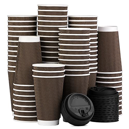 BALDCC 16 Oz Disposable Coffee Cups with Lids,70 Packs Ripple Wall Paper Cup,three Layer Insulated Coffee Cups with Lids is More Suitable for Hot Drinks Such As Coffee, Tea or Hot Chocolate