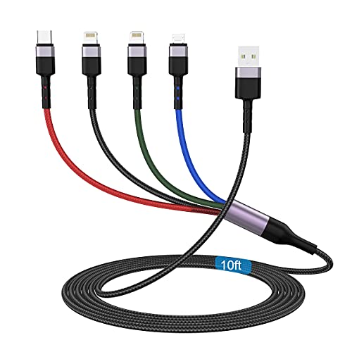 MTAKYI 3M/10Ft Multi 4 in 1 USB Universal iPhone Charging Cable,Lightning2+Type C+Micro USB Long Nylon Braided Phone Charger Cord Connector Adapter for Android/Apple/iOS/Samsung/LG/Huawei/XiaoMi