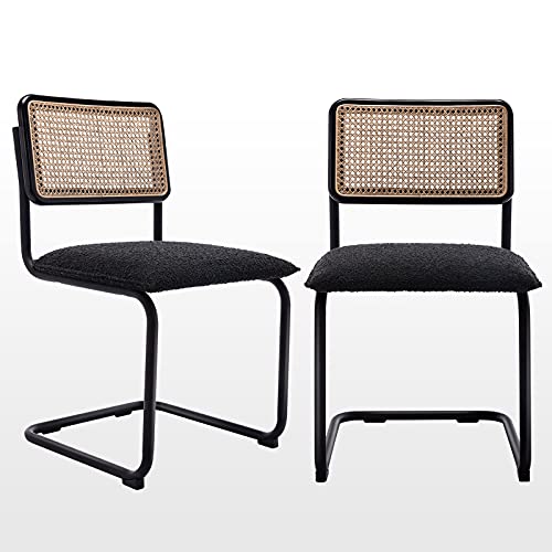 Zesthouse Mid-Century Modern Dining Chairs, Accent Rattan Kitchen Chairs, Armless Mesh Back Cane Chairs, Upholstered Fabric Chairs with Metal Chrome Legs, Set of 2, Black