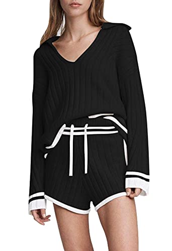 Linsery Sweater Sets For Women Striped Ribbed-Knit Sweaters Shorts 2 Piece Outfits Set Black M