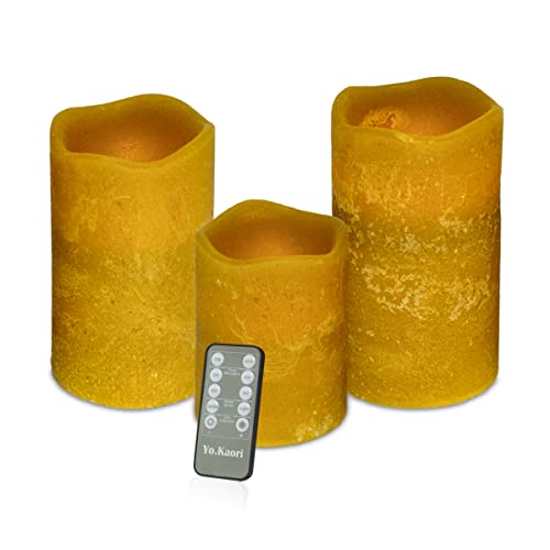 Yo.Kaori Flameless LED Candles Battery Operated Amber Real Wax Pillar Electric Handmade Candle with 10-Key Remote 24H Cycle Timer Flickering Warm Light Home Decoration Classic Set of 3