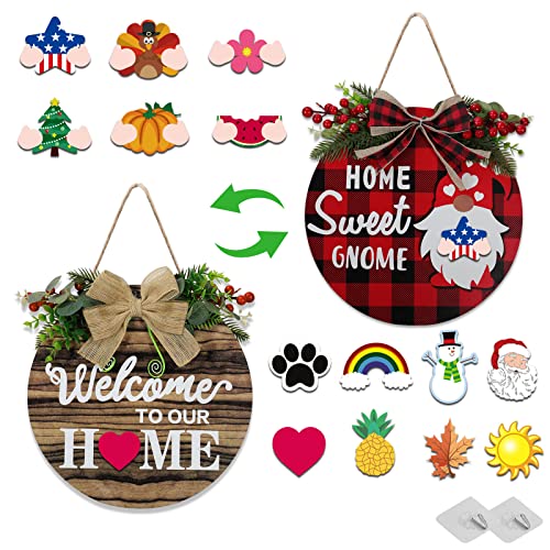 ALVBELLS Welcome Sign for Front Door Decor, Double-Sided Gnome Interchangeable Welcome Sign,Seasonal Front Door Wreaths for Christmas Decorations/ Housewarming Gifts, with 14 Pcs Ornaments