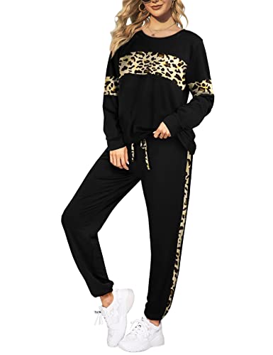 Sipaya Black Sweatsuit for Women 2 Piece Stripe Leopard Lounge Set M