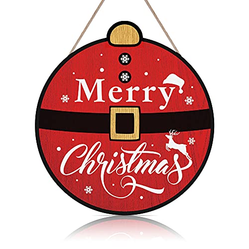 Christmas Decorations Rustic Santa Belt Shaped Wood Sign Plaque (12″x 11″), Merry Christmas Vintage Wall Door Decor Art Sign, Wooden Hanging Sign Decor for Home Garden Living Room Christmas Gift