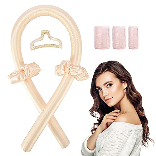 Heatless curling rod headband, Woman hair rollers and curlers with hair clips and hair bands, DIY hairdressing tool kit for wavy curlers(champagne)