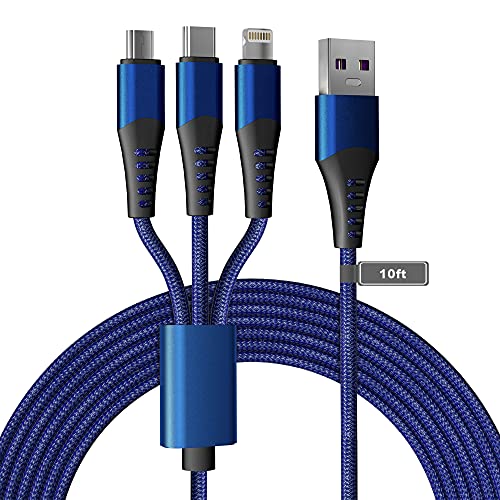 Bawanfa Multi 3 in 1 USB Long Charger Cable, 3M/10Ft 6A PD Fast Braided Charging Cord, Universal Multiple Ports Long Charging Cable with USB C/Micro USB/Lightning Connector