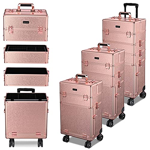 BYOOTIQUE 4 in 1 Rolling Makeup Train Case Professional Cosmetic Organizer Travel Makeup Trolley (Upgrade Rose Gold)