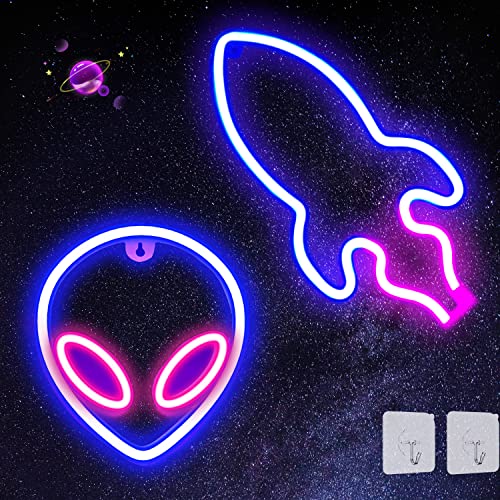 Igolfluck Neon Sign, 2 Pack Alien Rocket LED Neon Light, LED Signs for Bedroom USB or Battery Powered Neon Lights Signs, Great as a Gift or Cool Decor for Bedroom, Kids Room, Christmas, Party