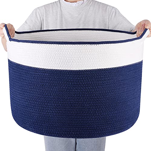 XXX Large Storage Basket – Blanket Basket 22″ x 22″ x 14″ Woven Cotton Rope Basket, Laundry Hamper with Handle for Blanket,Towel, Diaper,Toy Basket Soft Storage Basket White & Navy Blue