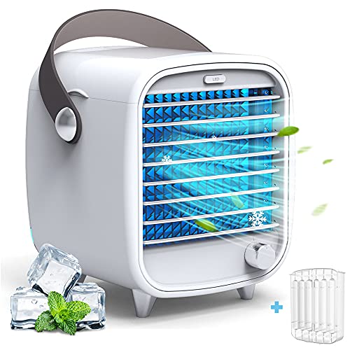 Portable Air Conditioner, 4 in 1 Personal Air Cooler, USB Personal Desktop Cooling Fan with Free Speeds, Adjustable Wind Direction, Mini Air Desktop Cooling Humidifier Fan for Room/Office/Camping
