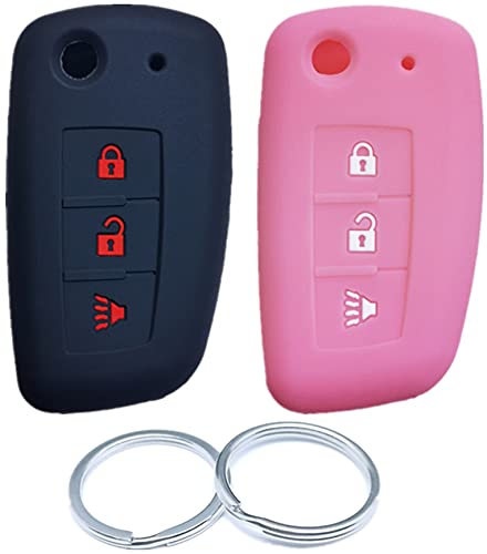 RUNZUIE 2Pcs 3 Buttons Silicone Flip Key Fob Cover Shell Compatible with 2019-2014 Nissan Rogue 2015 2014 Rogue Select 2017 Rogue Sport CWTWB1G767 Pink/Black with Red