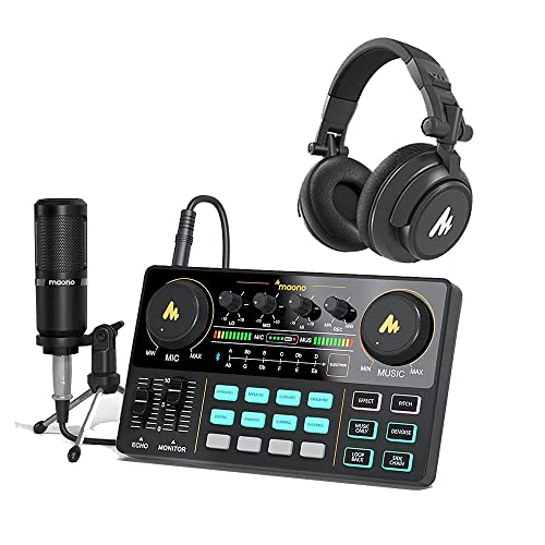 Audio Interface with Studio Headphone, Maonocaster Lite Portable ALL-IN-ONE Podcast Production Studio with 3.5mm Microphone for Guitar, Live Streaming, PC, Recording and Gaming