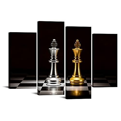 VANSEEING 4Pcs Chess Canvas Wall Art King Knight Pictures Wall Decor King Queen Game Paintings Closeup of Checkmate Artwork Stretched for Bedroom Living Room Decoration
