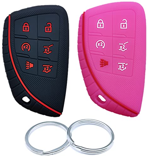RUNZUIE 2Pcs 6 Buttons Silicone Smart Remote Key Fob Cover Compatible with 2022 2021 2020 Chevy Chevrolet Suburban Tahoe GMC Yukon GM-13541565 Hot Pink/Black with Red