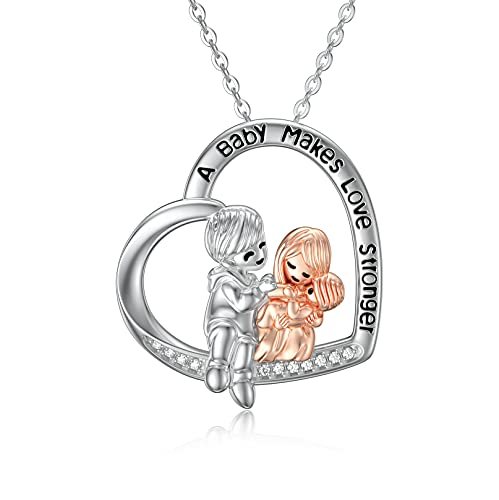 HUKKUN New Mom Gift Sterling Silver Heart Pendant Necklace Family Jewelry Gifts for New Parents New Dad