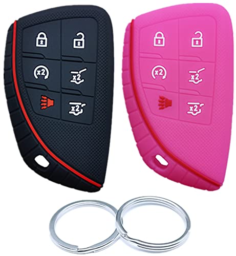 RUNZUIE 2Pcs 6 Buttons Silicone Smart Remote Key Fob Cover Compatible with 2022 2021 2020 Chevy Chevrolet Suburban Tahoe GMC Yukon GM-13541565 Hot Pink Black