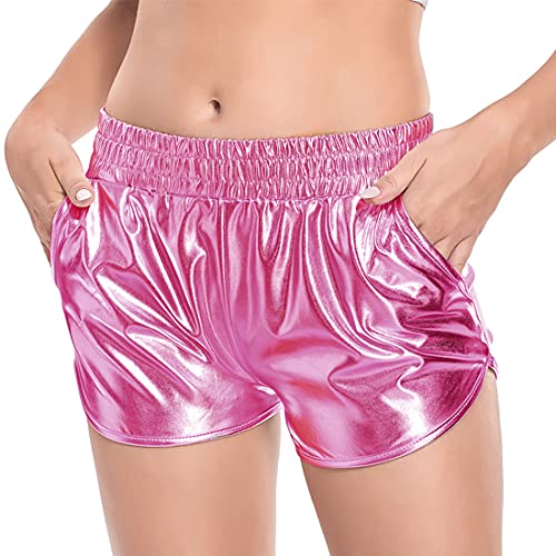 Fenyong Women’s Metallic Shorts Shiny Pants with Elastic Waist Hot Rave Dance